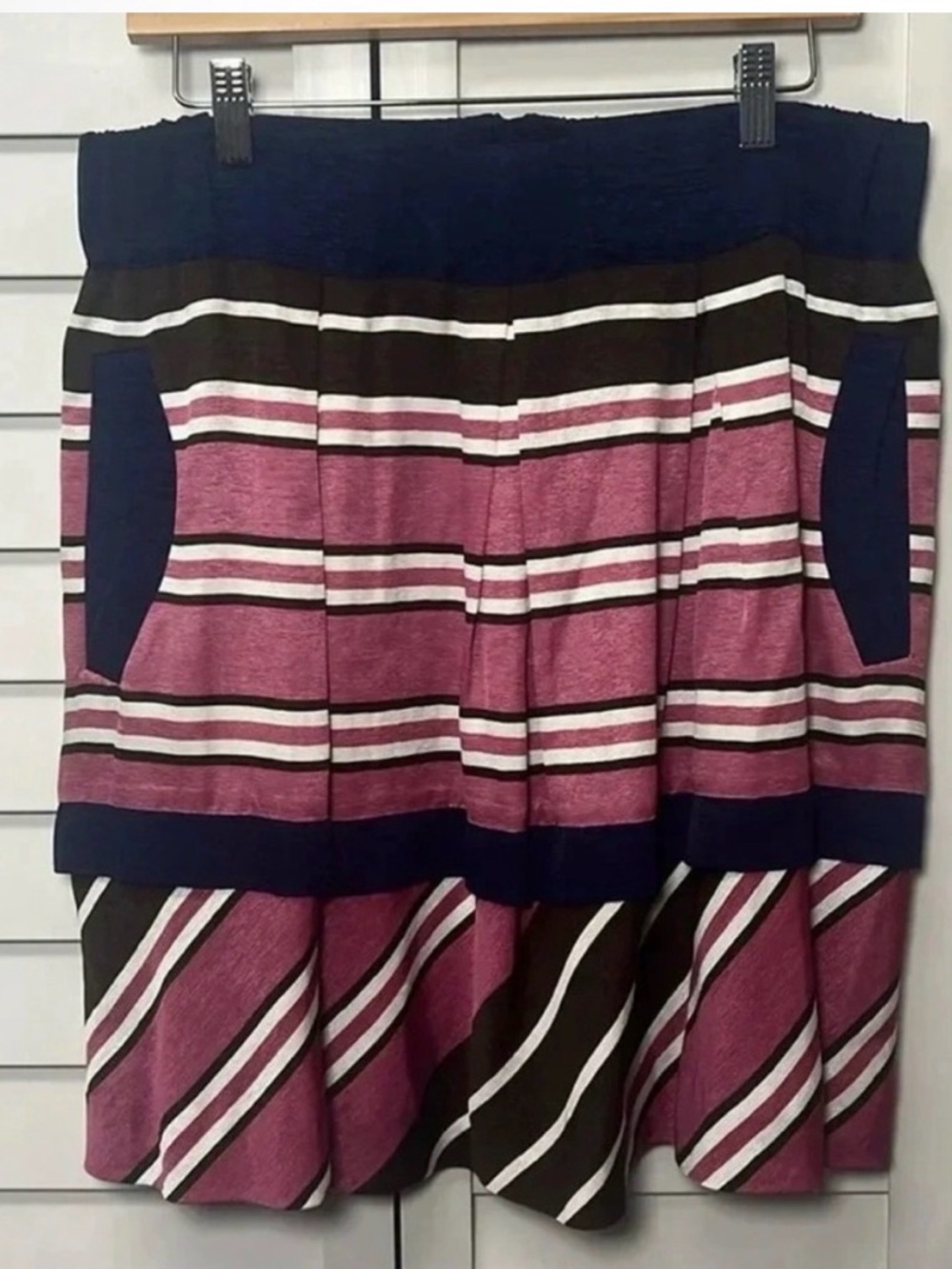 Anthro Maeve Striped A-Line Mini Skirt Pockets Size 12 Boho Office